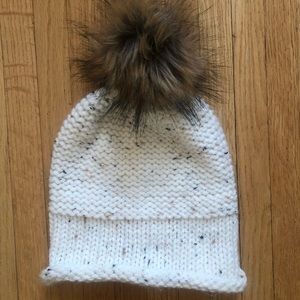 White Knit Beanie with Faux Fur Pom